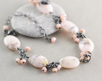 Pink Opal Bracelet, Oxidized Sterling Bracelet, October Birthstone