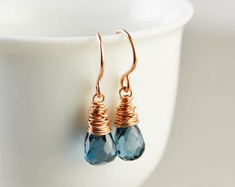 London Blue Topaz Earrings, December Birthstone, Blue Gemstone, Petite Silver, Gold, Rose Gold