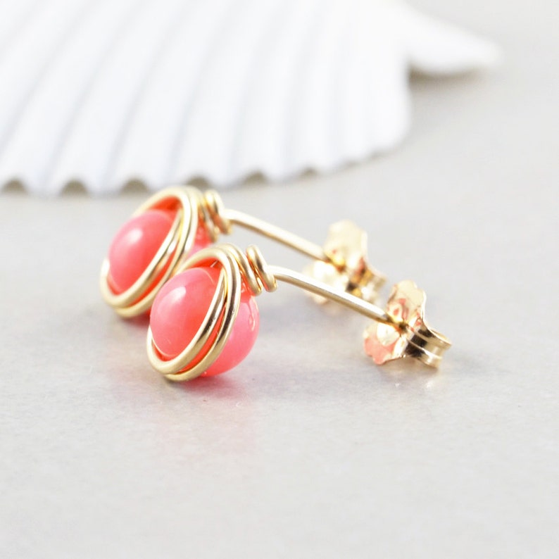Coral Stud Earrings, Salmon Posts, Coral Post, Bridesmaid, Handmade, Sterling, Gold, Rose Gold image 4