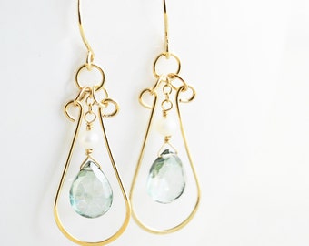 Green Quartz Dangle Earrings, Green Drop Earrings, Hoop Earrings, Silver, Gold