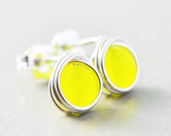 Yellow Studs, Neon Yellow Post Earrings, Lemon Earrings, Silver, Gold, Rose Gold