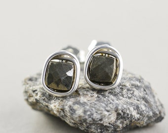 Pyrite Post Earrings, Sterling Silver Cube Posts, Metallic Earrings, Neutral Studs