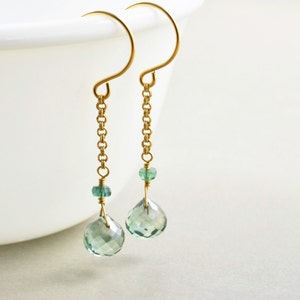 Green Quartz Dangle Earrings, Gold Chain Earrings, Mint Green Earrings image 1