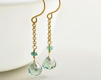 Green Quartz Dangle Earrings, Gold Chain Earrings, Mint Green Earrings