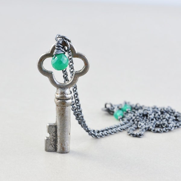 Vintage Key Necklace, Oxidized Sterling Necklace, OOAK, Clover St Patricks Day Necklace