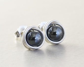 Hematite Studs, Gray Post Earrings, Sterling Silver Studs, Silver, Gold, Rose Gold