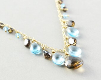 Smoky Quartz Necklace, Blue Topaz Necklace, Brown Blue Gemstone Necklace