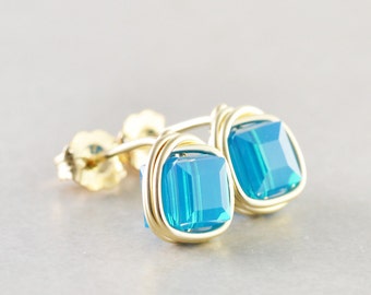 Caribbean Blue Studs, Swarovski Crystal Studs, Blue Cube Earrings, Summertime