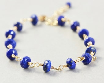 Lapis Gold Chain Bracelet, Cobalt Bracelet, Midnight Blue, Handmade, Sterling or Gold