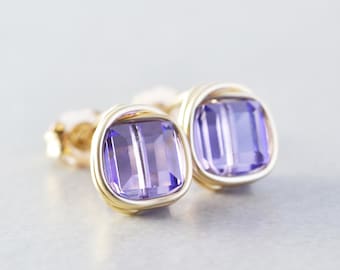 Purple Studs, Square Post Earrings, Purple Cube Posts, Swarovski Earrings