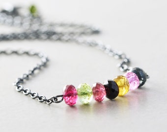 Tourmaline Necklace, Multicolor Gemstone Necklace, Oxidized Necklace, October Birthstone