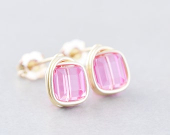 Pink Cube Studs, Pink Gold Posts, Square, Sterling Gold or Rose Gold
