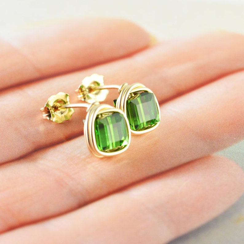 Green Studs, Square Crystal Posts, Green Cube Earrings, Swarovski, Silver, Gold, Rose Gold image 3
