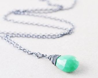 Chrysoprase Necklace, Green Drop Oxidized Necklace, Stone Pendant Necklace