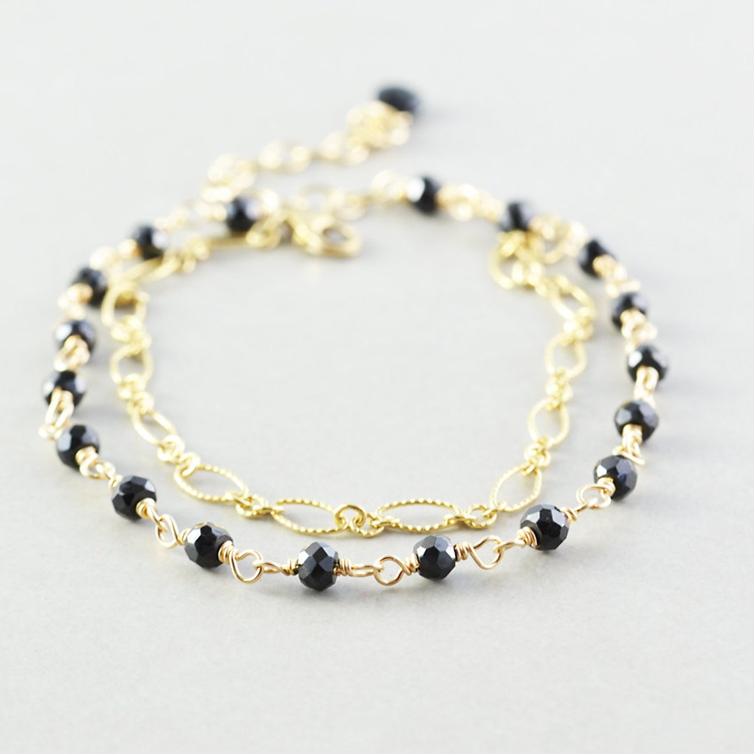 Black Spinel Bracelet, Gold Chain Bracelet, Black Stone Bracelet - Etsy