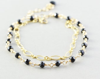 Black Spinel Bracelet, Gold Chain Bracelet, Black Stone Bracelet