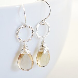 Quartz Dangle Earrings, Sterling Circle Earrings, Champagne Drop Earrings