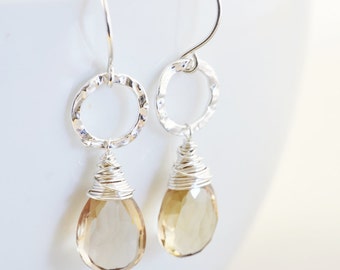 Quartz Dangle Earrings, Sterling Circle Earrings, Champagne Drop Earrings