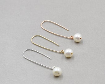 Paperclip Pearl Earrings, Long, White Pearl, Gold, Silver, Rose Gold, Gift
