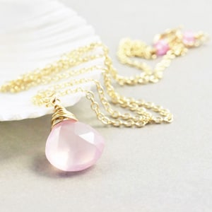 Pink Chalcedony Drop Necklace, Light Pink, Bridesmaid Gift, Sterling, Gold, Rose Gold