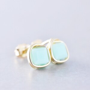 Mint Green Cube Studs, Square Crystal Posts, Swarovski Post Earrings, Bridesmaid Gift image 1