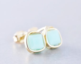 Mint groene kubus studs, vierkante kristallen palen, Swarovski Post oorbellen, bruidsmeisje cadeau