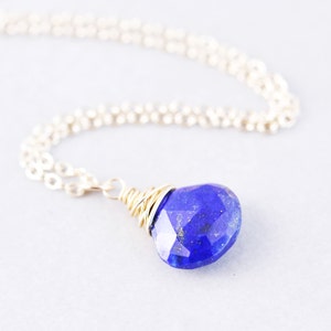 Lapis Drop Necklace, Blue Stone Necklace, December, Silver, Gold, Rose Gold