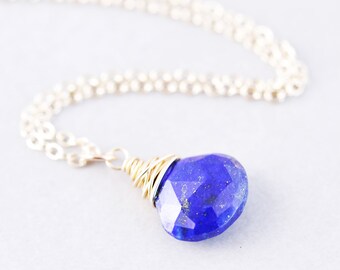 Lapis Drop Necklace, Blue Stone Necklace, December, Silver, Gold, Rose Gold