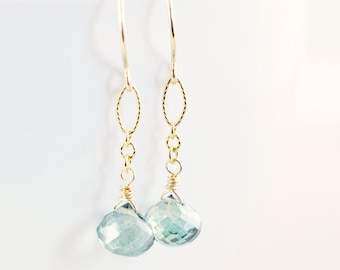 Green Quartz Dangle Earrings, Gold Mint Earrings, Green Drop Earrings