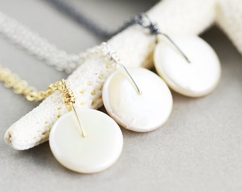 White Coin Pearl Necklace, June Birthstone Jewelry, Bridesmaid Gift