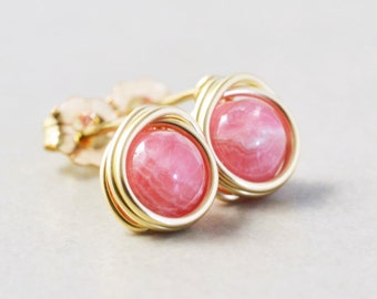 Pink Stone Studs, Rhodochrosite Post Earrings, Pink Posts