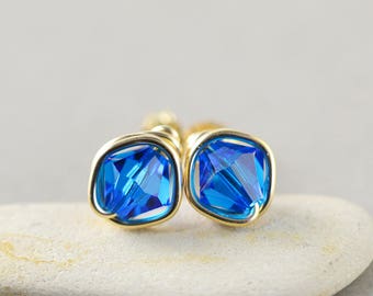 Royal Blue Crystal Studs, Bicone Crystal, Blue Posts, Sterling, Gold or Rose Gold
