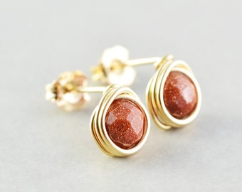 Goldstone Post Earrings, Warm Brown Studs, Chestnut Brown, Silver, Gold, Rose Gold