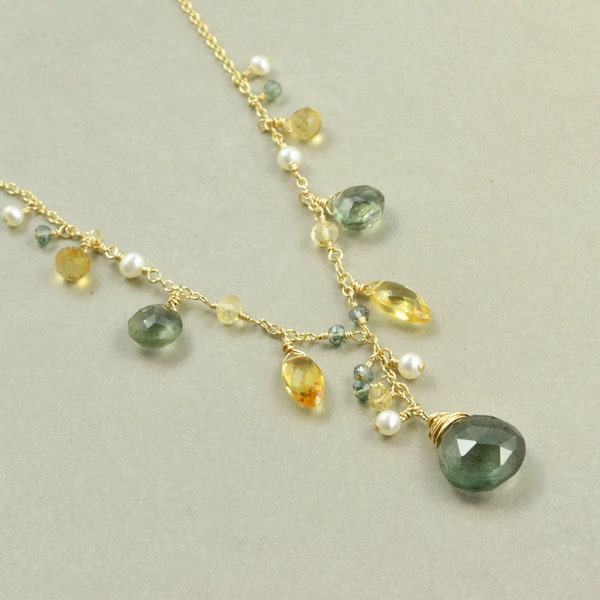 Moss Aquamarine Necklace, Citrine Pearl Necklace, March Birthstone, Sage Green