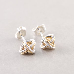 Gold Silver Knot Studs, Two Tone Earrings, Knotted Jewelry, Love Knots, Bridesmaid Gift
