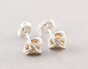 Gold Silver Knot Studs, Two Tone Earrings, Knotted Jewelry, Love Knots, Bridesmaid Gift