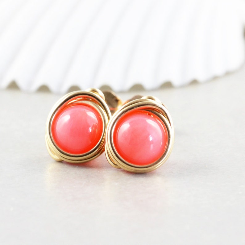 Coral Stud Earrings, Salmon Posts, Coral Post, Bridesmaid, Handmade, Sterling, Gold, Rose Gold image 2