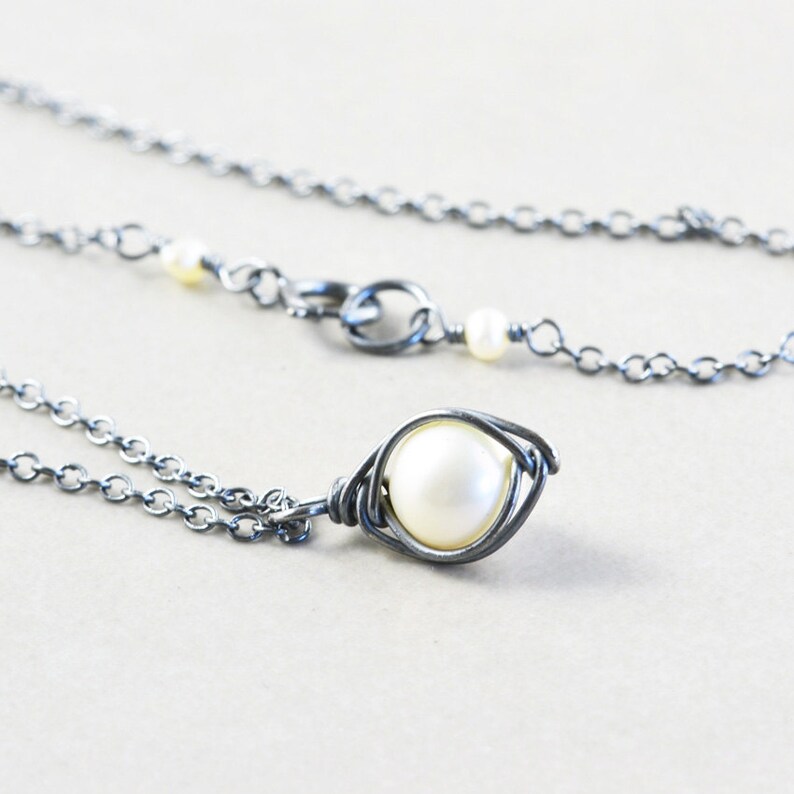 Pearl Drop Necklace, White Freshwater Pearl, Oxidized Sterling, June, Silver, Gold, Rose Gold image 3