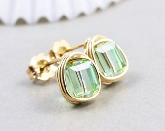 Mint Green Studs, Square Crystal Posts, Green Cube Earrings, Swarovski Crystal Earrings