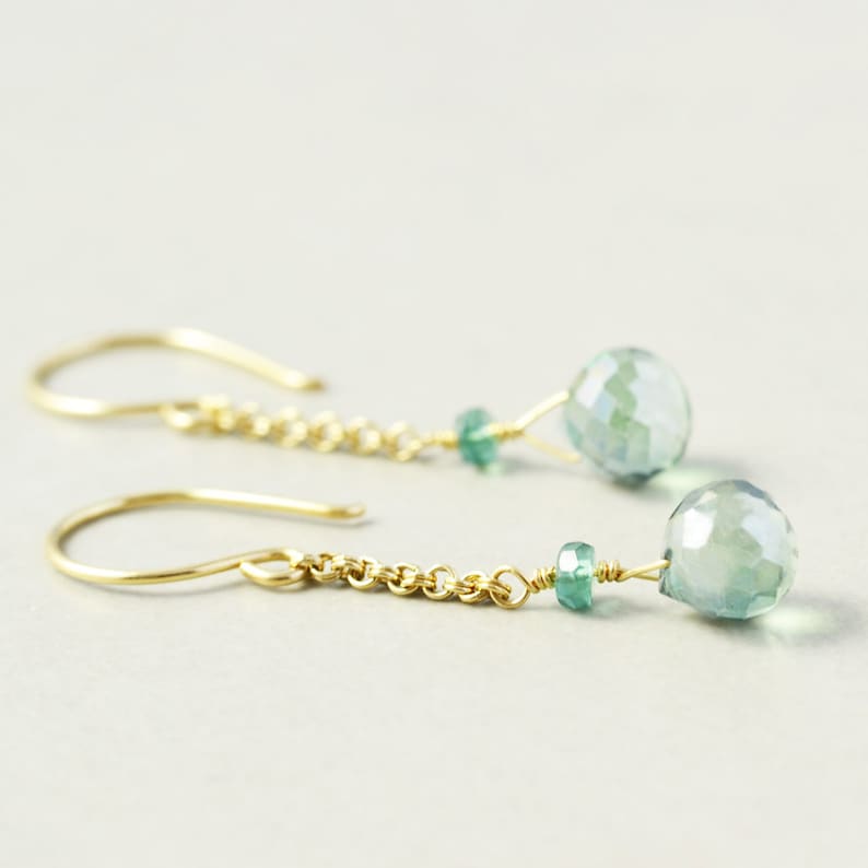 Green Quartz Dangle Earrings, Gold Chain Earrings, Mint Green Earrings image 2