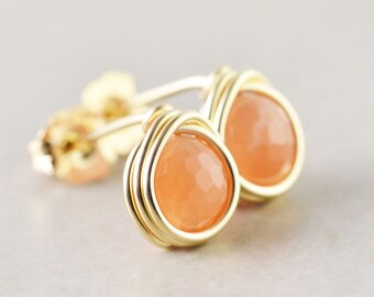 Sunstone Post Earrings, Peach Studs, Silver, Gold, Rose Gold