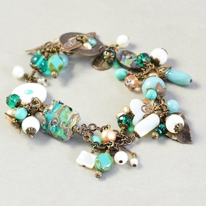 PRICE REDUCTION from 96.50 to 85! Brass Charm Bracelet, Aqua Mint Brown Bracelet, Beach Bracelet, Ocean Sea, Handmade