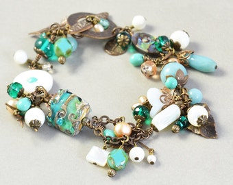 Brass Charm Bracelet, Aqua Mint Brown Bracelet, Beach Bracelet, Ocean Sea,  Handmade