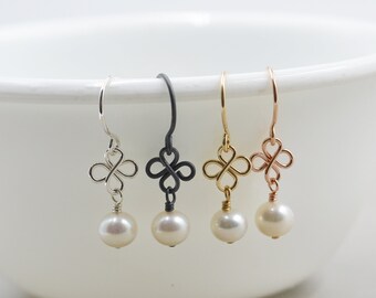 Pearl Clover Earrings, June Birthstone Earrings, White Pearl, Rose Gold, Sterling, Gold, Oxidized