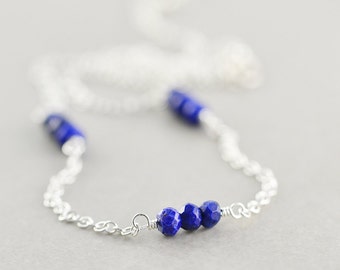 Simple Lapis Necklace, Minimal Necklace, Dark Blue Sterling Necklace