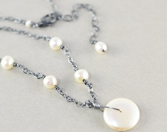 White Coin Pearl Necklace, June Birthstone Jewelry, Oxidized Sterling Necklace