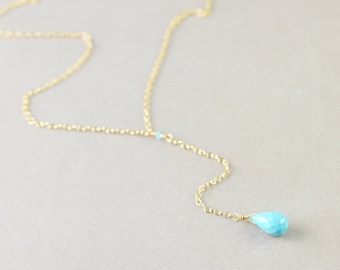 Turquoise Necklace, Lariat Drop, December Birthstone, Adjustable, Silver Gold or Rose Gold