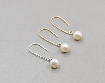 Paperclip Pearl Earrings, Short, White Pearl, Gold, Silver, Rose Gold, Gift