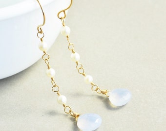 Blue Chalcedony Dangle Earrings, White Pearl Earrings, June Birthstone Earrings