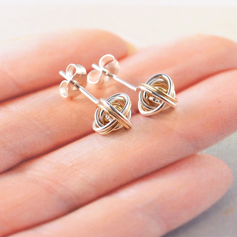 Gold Silver Knot Studs, Two Tone Earrings, Knotted Jewelry, Love Knots, Bridesmaid Gift image 3